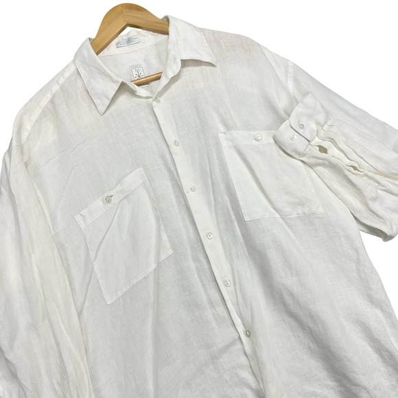 Burma Bibas Other - Burma Bibas Mens White 100% Natural Linen Button Down Shirt L Long Sleeve Pocket